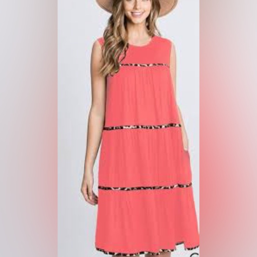 Coral‎ Midi Dress with Leopard stripe Accents heimish small